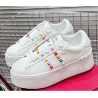 Sophisticated Valentino Flatform Rockstud Untitled Sneakers in Calfskin White/Multicolor 0427012