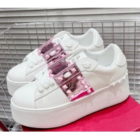 Duplicate Valentino Flatform Rockstud Untitled Sneakers with Metallic Pink Stripe in White Calfskin 427013