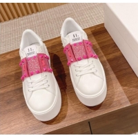 Good Product Valentino Flatform Rockstud Untitled Sneakers with Dark Pink Crystal Stripe in White Calfskin 427017