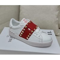 Sumptuous Valentino Untitled Heart-Rockstud Sneakers with Red Stripe in White Calfskin 0427024