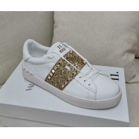 Best Quality Valentino Untitled Rockstud Sneakers with Gold Sequins Stripe in White Calfskin 0427025