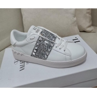 Super Quality Valentino Untitled Rockstud Sneakers with Silver Sequins Stripe in White Calfskin 427027