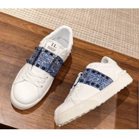 Perfect Valentino Untitled Rockstud Sneakers with Blue Sequins Stripe in White Calfskin 427030