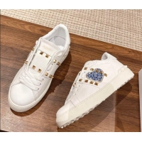 Good Looking Valentino Open Rockstud Sneakers in White Calfskin with Blue Sequins Heart 427031