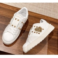 Pretty Style Valentino Open Rockstud Sneakers in White Calfskin with Gold Sequins Heart 427032