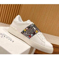 Charming Valentino Untitled Rockstud Sneakers with Multicolor Sequins Stripe in White Calfskin 0427034