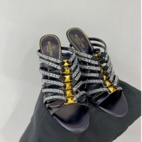 Grade Quality Valentino Rockstud Strappy Slide Sandal in Metallic Leather with Crystals 100mm Black 353111