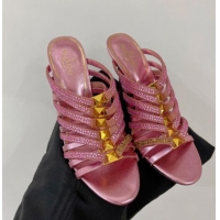 Top Design Valentino Rockstud Strappy Slide Sandal in Metallic Leather with Crystals 100mm Pink 53112