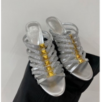 Good Looking Valentino Rockstud Strappy Slide Sandal in Metallic Leather with Crystals 100mm Silver 2353110