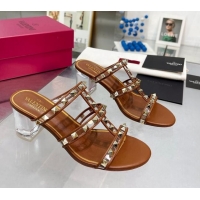 Popular Style Valentino Rockstud Slide Sandals in Polymer Material with Plexi Heel 6cm Brown 613146