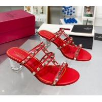 Low Price Valentino Rockstud Slide Sandals in Polymer Material with Plexi Heel 6cm Red 613149