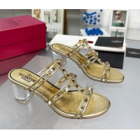 Top Design Valentino Rockstud Slide Sandals in Polymer Material with Plexi Heel 6cm Gold 613150