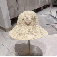 Inexpensive Prada Crochet Straw Bucket Hat 0705 Beige 2023