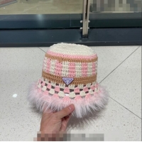 Low Cost Prada Crochet Bucket Hat with Fur Charm PR08152 Pink 2023