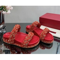 Hot Style Valentino Roman Stud Slide Sandals with Braided Strap Red 613186