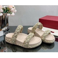 Top Grade Valentino Roman Stud Slide Sandals with Braided Strap Beige 613190