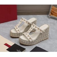 Good Quality Valentino Rockstud Wedge Slide Sandals 9.5cm in Calfskin White 626005