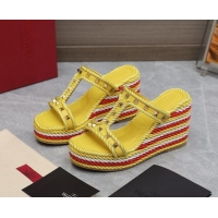 Top Design Valentino Rockstud Wedge Slide Sandals 9.5cm in Calfskin Yellow 626006