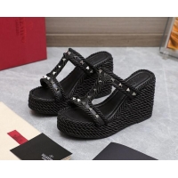 Best Product Valentino Rockstud Wedge Slide Sandals 9.5cm in Calfskin Black/Silver 626009