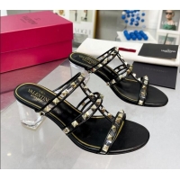 Classic Hot Valentino Rockstud Heel Slide Sandals 6cm in Leather and Clear Black 626022