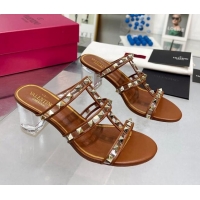 Most Popular Valentino Rockstud Heel Slide Sandals 6cm in Leather and Clear Brown 626023