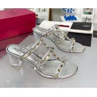 Grade Quality Valentino Rockstud Heel Slide Sandals 6cm in Leather and Clear Silver 0626024