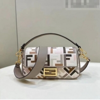 Discount Fendi Medium Baguette Bag in White and Multicolor canvas bag with FF embroidery F4071 2023