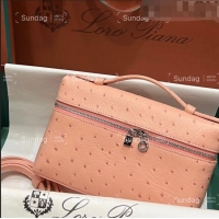 Good Product Loro Piana Extra Pocket L19 Pouch in Ostrich Pattern Calfskin LP5435 Pink/Silver 2023