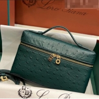 Popular Style Loro Piana Extra Pocket L19 Pouch in Ostrich Pattern Calfskin LP5435 Green/Gold 2023