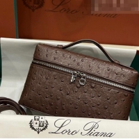 Discount Loro Piana Extra Pocket L19 Pouch in Ostrich Pattern Calfskin LP5435 Chocolate/Silver 2023