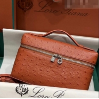 Top Quality Loro Piana Extra Pocket L19 Pouch in Ostrich Pattern Calfskin LP5435 Brown/Silver 2023