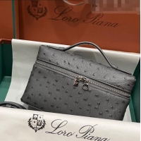 New Cheap Loro Piana LP Extra Pocket L19 Pouch in Ostrich Pattern Calfskin LP5435 Grey/Silver 2023