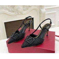 Hot Sell Valentino VLogo Signature Slingback Pumps 7.5cm in Woven Nappa Leather All Black 626028