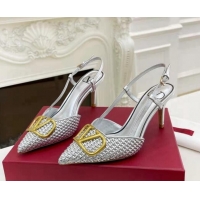 Top Design Valentino VLogo Signature Slingback Pumps 7.5cm in Woven Metallic Leather Silver 626030