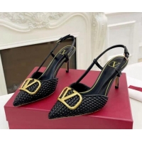 Good Product Valentino VLogo Signature Slingback Pumps 7.5cm in Woven Nappa Leather Black/Gold 626032