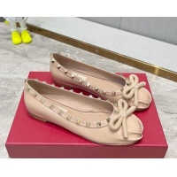 Charming Valentino Rockstud Patent Leather Ballerinas with Bow Rose Beige 626042 