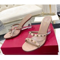 Popular Style Valentino Rockstud Wedge Slide Sandals 8cm in Patent Leather and PVC with Clear Heel Nude 712035