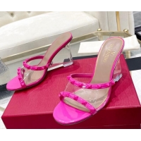 Best Grade Valentino Rockstud Wedge Slide Sandals 8cm in Patent Leather and PVC with Clear Heel PP Pink 712038