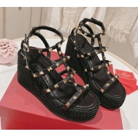 Pretty Style Valentino Rockstud Ankle Strap Wedge Platform Sandals 10cm in Calfskin Black 712039