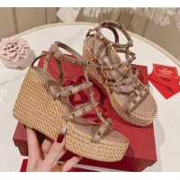 Grade Quality Valentino Rockstud Ankle Strap Wedge Platform Sandals 10cm in Calfskin Nude 712041