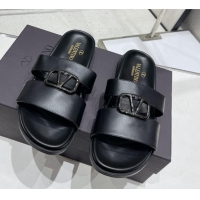 Most Popular Valentino VLogo Leather Slide Sandals Black 712044