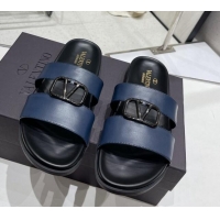 Luxury Cheap Valentino VLogo Leather Slide Sandals Navy Blue 712045