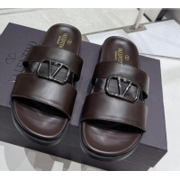 Luxury Valentino VLogo Leather Slide Sandals Brown 712046