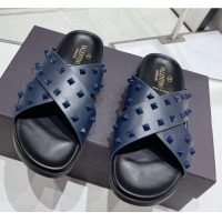 Best Price Valentino Roman Stud Turtle Rubger Slide Sandals Navy Blue 712048