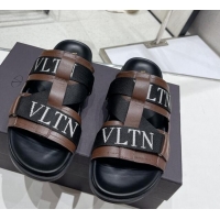 Luxury Valentino Slide Sandals in Leather and Fabric Brown 712050 