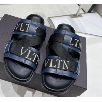 Good Quality Valentino Slide Sandals in Leather and Fabric Navy Blue 712051