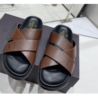 Duplicate Valentino Slide Sandals in Logo Leather Cross Brown 712057