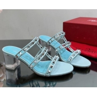 Charming Valentino Rockstud Heel Slide Sandals 6.5cm in Leather and Clear PVC Light Blue 725029