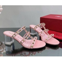 1:1 aaaaa Valentino Rockstud Heel Slide Sandals 6.5cm in Leather and Clear PVC Light Pink 725030