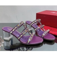 Good Looking Valentino Rockstud Heel Slide Sandals 6.5cm in Leather and Clear PVC Purple 725031